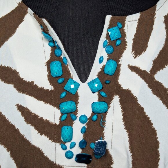 Susan Graver Brown & White Animal Print Long Sleeve Top Turquoise Accent Beads - Picture 3 of 15